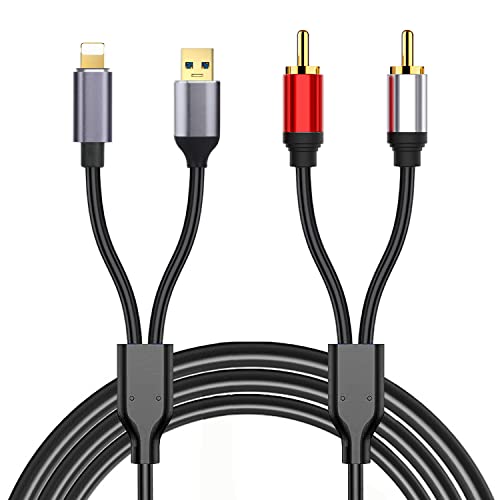 Girking 2 машки RCA стерео аудио кабел со USB кабел за полнење, компатибилен со iPhone/iPod/iPad/Port Port, за автомобил/засилувач/домашен