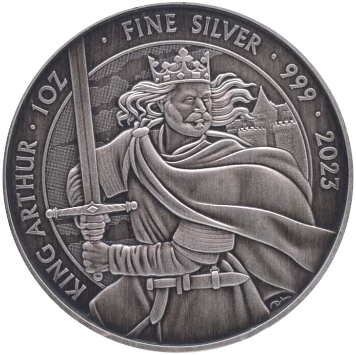 2023 Де Модерен Комеморативен Пауеркоин Кралот Артур Антиквитет 1 Мл Сребрена Монета 2 Фунти Обединетото Кралство 2023 Антички Финиш