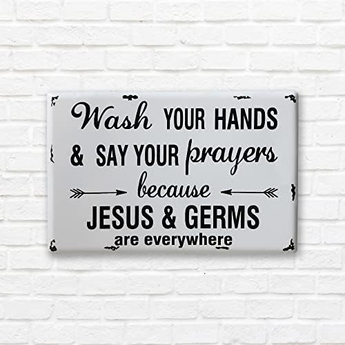 Креативно соработка измијте ги рацете и кажете ги вашите молитви затоа што Исус и микробите се насекаде метални декор wallидни уметности, бела