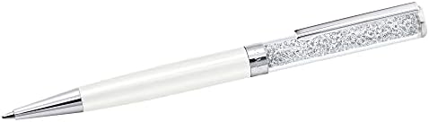 Кристален пенкало Сваровски, црно мастило во бела обоена обвивка, кристален дизајн, од кристалната колекција