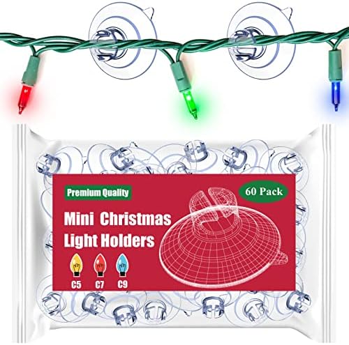 Мини божиќни лесни чаши за вшмукување [сет од 60] мали држачи за куки за светло за одмор, чисти јаже светло кади прозорец стакло за вшмукување