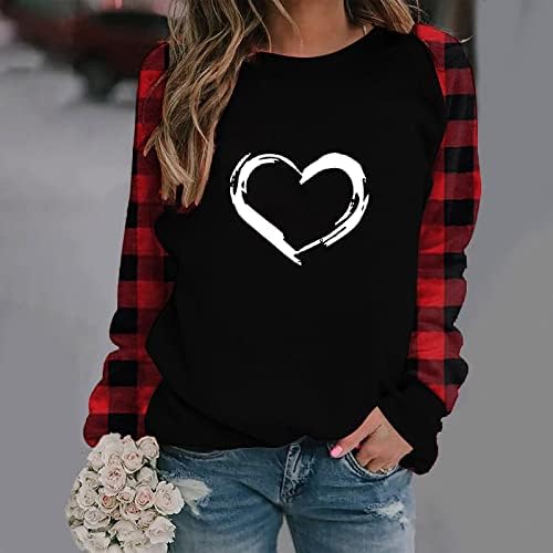 Кошули за в Valentубените за жени Симпатични гноми печати со срцев ракав маичка Бафало карирана раглан пулвер Туника Топ блуза