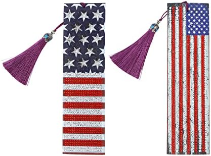 2PCS 5D Diamond Sainting American Flag Hagmarks Комплети со Tassel Crystal Diamond Art Craft Leather Rhinestones Обележувач за деца