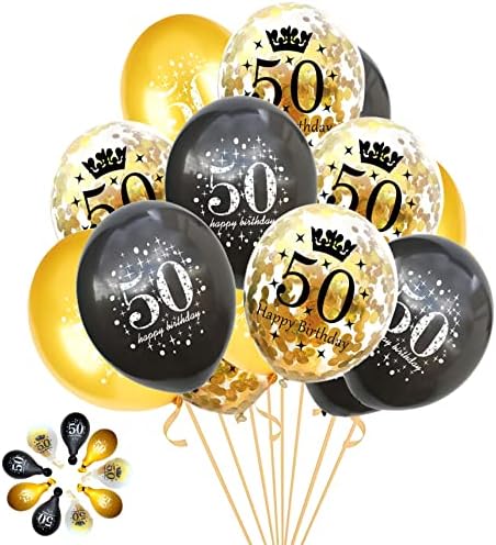 Џонхамвелбор 50 Ти Роденден Балони Златни И Црни Украси За Забави 15 Пакет 12 инчен Латекс И Конфети Балон Отпечатен Со Среќен Роденден