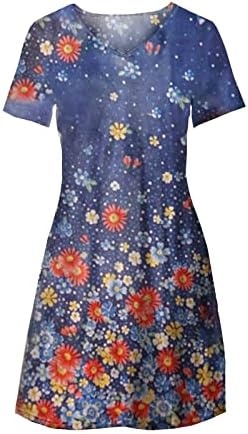 Nokmopo фустан со краток ракав за жени симпатична цветен краток ракав против вратот лежерен лабав фир фустан од плажа Мини фустан маичка