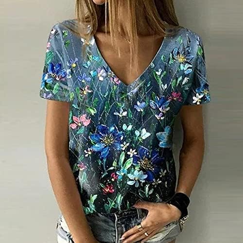 Блуза со кратки ракави за жени есен лето длабоко V вратот цветни графички обични блузи маички девојки облека мода pb