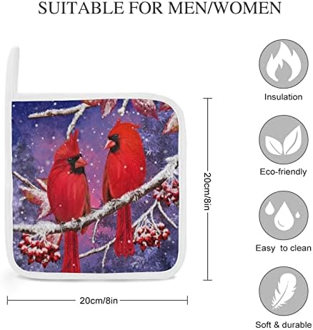 Црвена кардинална птица се наоѓа на снежни гранки држачи за тенџере за кујнски отпорни на топлина Потол, топли влошки за печење