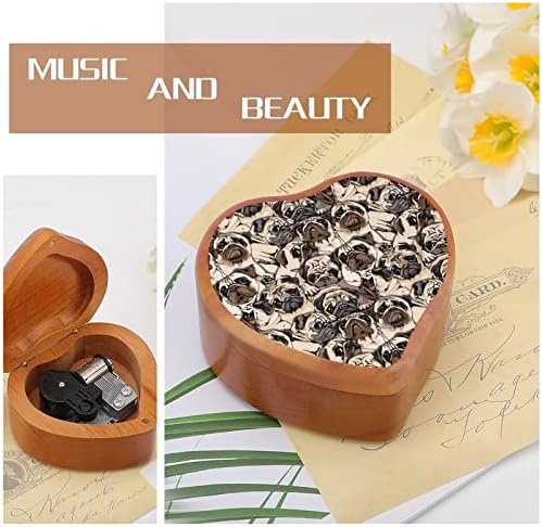 Симпатични Pugs Дрвена музичка кутија со форма на срцева форма на музички кутии гроздобер дрво кутија за подарок