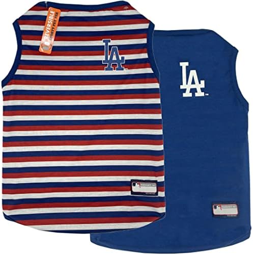 Миленичиња прва MLB Лос Анџелес Доџерс Реверзибилна маица, X-LARGE за кучиња и мачки. Кошула за миленичиња со логото на тимот што доаѓа со 2 дизајни; Кошула од лента од ед?