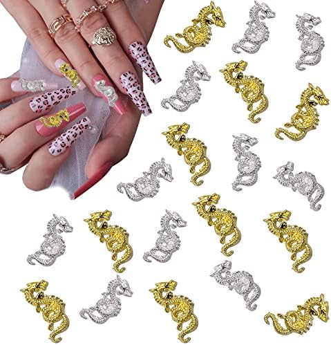 20 парчиња 3Д легура змеј за нокти шарм Метал злато и лизгање кинески хороскопски змеј нокти уметнички шарми за накит што прави
