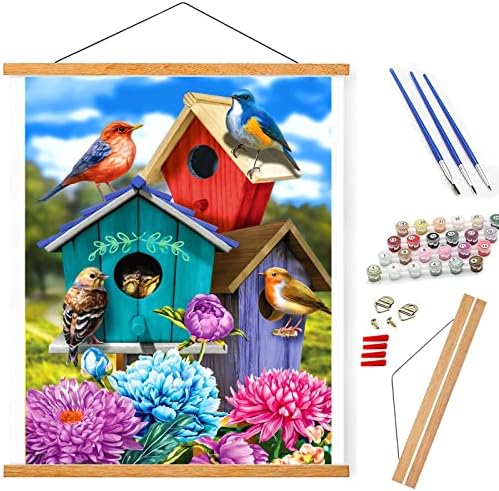 Вавза Комплети по број, за деца за возрасни, [со рамка] комплети за акрилно сликарство на платно, 16 ”x 20” - Птица и куќа