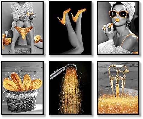 Јаодајао моден wallиден уметност бања wallид декор отпечатоци сет од 6 црно -бели глам сјајни платно постери фотографии слики