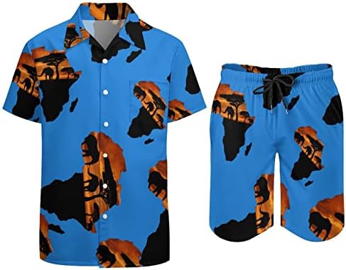 Баикутуан Африка сафари мапа машка 2 парчиња хавајски кошула одговара на секојдневно лабаво копче надолу и шорцеви на плажа облека за одмор