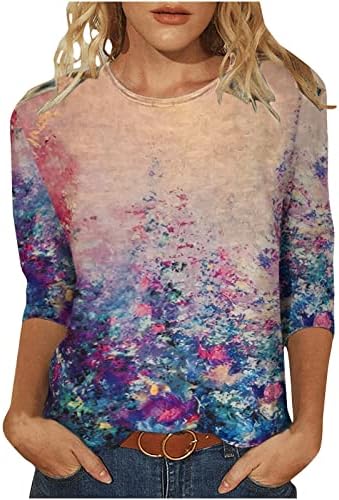 Жени летни врвови плус големина должина на лактот 3/4 кошули со ракави екипаж естетски вратоврски боја за сликање тунична маичка