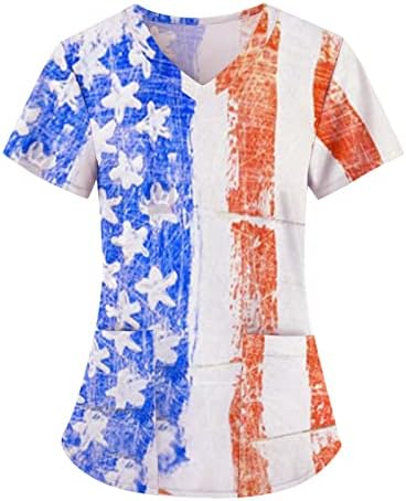 Блузи со кратки Ракави За Жени Внек Спандекс Денот На Независноста Знаме Ѕвезда Печатење Работа Анатомија Пилинг Врвови Дами 2023