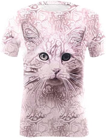 2023 EMенски летни врвови 3Д мачки печати тркалезни кратки ракави на вратот Дневно обични лабави маички плус класични блузи со големина