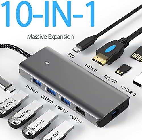 USB C Hub, USB C Докинг станица 10-во-1 со 4K HDMI, 100W испорака на електрична енергија, 3 USB3.0 + 2 USB2.0, MicroSD и SD картички читач, Gigabit