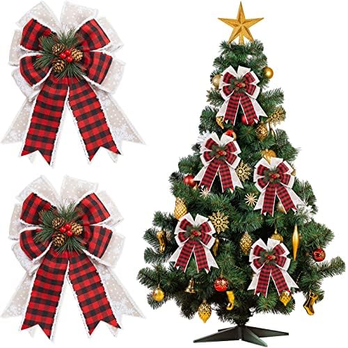 Божиќни лакови декорација Бафало карирани лакови од венец лента бор конуси стил Божиќ провери лак украс за дома украс Божиќна забава