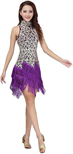 Womenените Sequin Tassel Flapper фустан без ракави, јака, искра, латински фустани Салса Ча-Ча џез танцови костуми