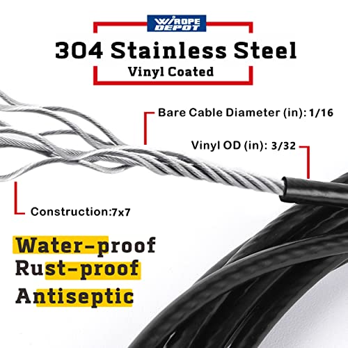 304 не'рѓосувачки челик црна винил обложена жица јаже, 1/16 инчен преовладувано на 3/32 инчи за светлосни светла за светло, жица за водач на светлина