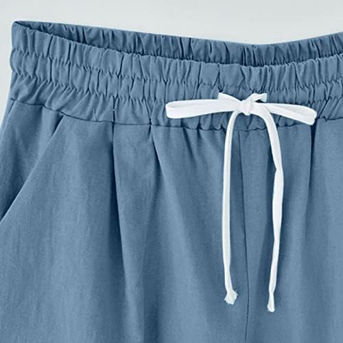 Womenените Бермуда шорцеви еластични половини памучни постелнини летни обични кратки панталони за тренингот на плажа со џебови со џебови