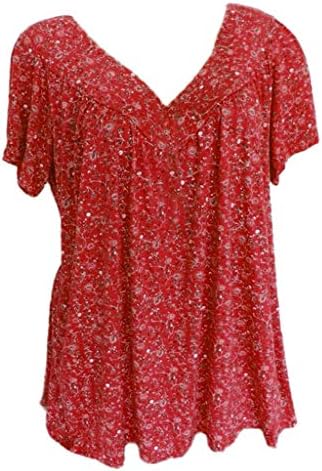 Женски бохо цветни печати v вратот врвови летни блузи од кратки ракави празници плус големина проточна тунична топки врвни кошули