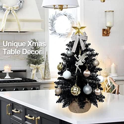 Aykut 60см црна елка со LED светло, Faux Mini Desktop Божиќна декорација, погодна за канцеларија за семејни станови