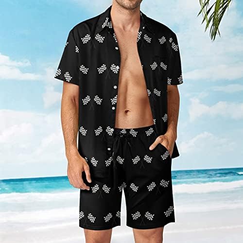 Weedkeycat Checked Racing Flag Man's Man's Beach Outfits 2 Piece Hawaiian копче надолу со кошула Краток ракав и Shorts Trunk Setts