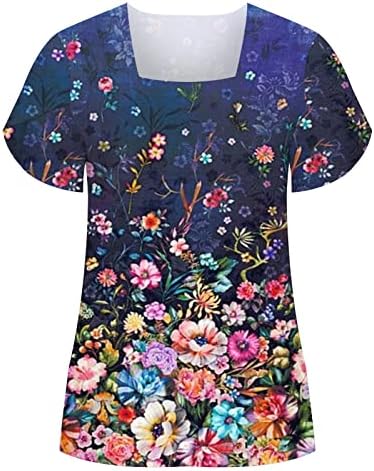 Флорални врвови за жени лето, женски ливчиња на врвови на плоштад врат кошули со кратки ракави, обични маици лабави блузи