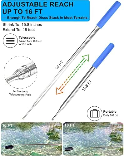 GS алдераул диск голф ретривер пол телескопски 16ft, телескопинг диск голф диск ретривер кука, метален диск за голф -пол -пол со 3 заменлива кука,