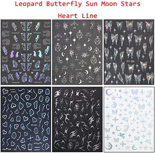 Налепници за уметност од сребрена нокти, леопард пеперутка Сонце Месечина starsвезди срцева линија за нокти самолепливи налепници дизајн,