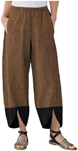 2023 памучни постелнини панталони плус големина, еластична половината широка нога палацо јога каприс удобна мода буги панталони со џебови