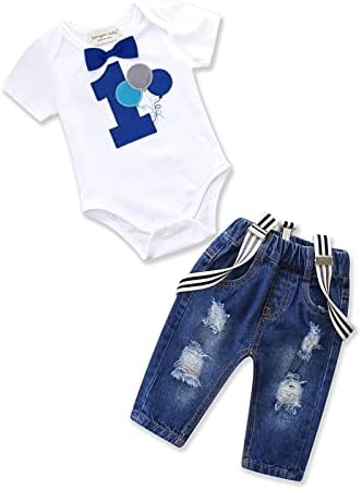 Пинклек дете бебе момче Роденденска облека постави лакови ромпер -суспензии искинаа облеки за панталони за тексас