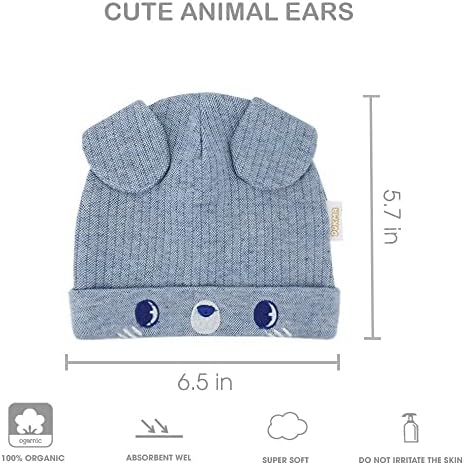 Докма органски памук за дете на дете постави 3 слатки животински уши дизајн, гравчиња за момчиња и девојчиња 0-6 месеци светло сива и сина боја