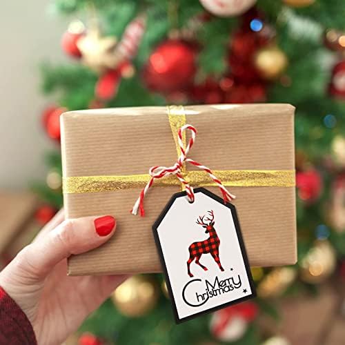 Божиќни Ознаки За Подароци 100 ПАРЧИЊА Тагови Од Карирана Хартија Од Бивол Црвена И Црна Карирана Закачете Етикети Со Канап од Јута