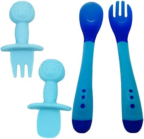 4 парче комплет силиконска лажица/вилушка и лажица чувствителна на топлина/Вилушка Прибор за Хранење Бебиња Силиконски Врв Самохрана