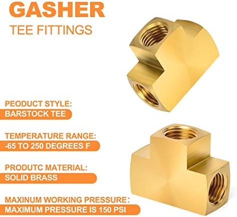 GASHER 5 Парчиња Месинг Barstock Tee, 1/4 x 1/4 x 1/4 NPT Женски Цевки Фитинзи