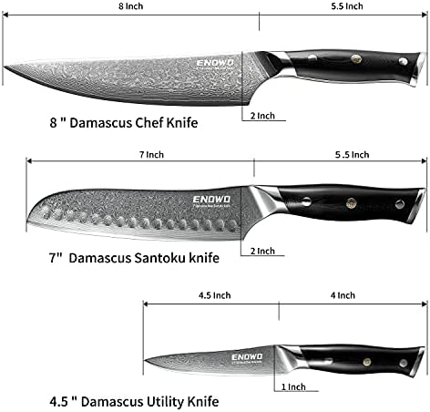 еново Дамаск Нож Постави 3 Парче, Јапонски Дамаск Челик VG10, Нож Сет Готвач, Премиум 4 Фаза Кујна Острилка, Брзо и безбедно поправка,