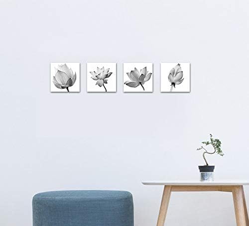 Vvovv wallиден декор - 4 панели цвеќиња уметнички дела црно -бело елегантно цветно платно уметничко печатење цветаат лотос слика