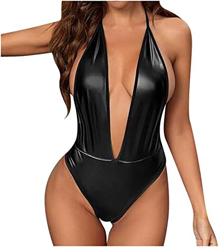 Faux Leather Lingerie For Women Wetdo Bodysuit Babydoll Секси длабок v долна облека Исечена леотарска егзотична лангарај