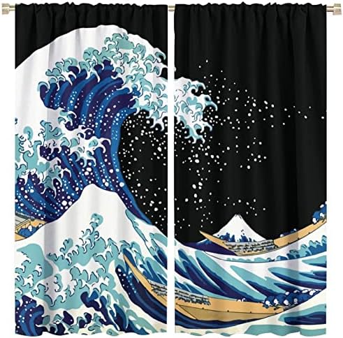 Јапонски ukiyoe Затемнување завеси Океан одличен бран брод Фуџи планински сино бело црно уметничко печатење за деца момчиња спална соба бања декор џеб прозорец драпе