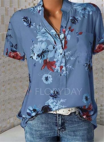 Andongnywell жени со кратки ракави Туника на врвови на врвови надолу од шифон кошули цветни печатени V вратот блуза Топ туники