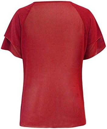 Womenените плус големина шифонски блузи случајни лабави вклопуваат проточни елегантни кошули цврсти бои руфли мрежи кратки