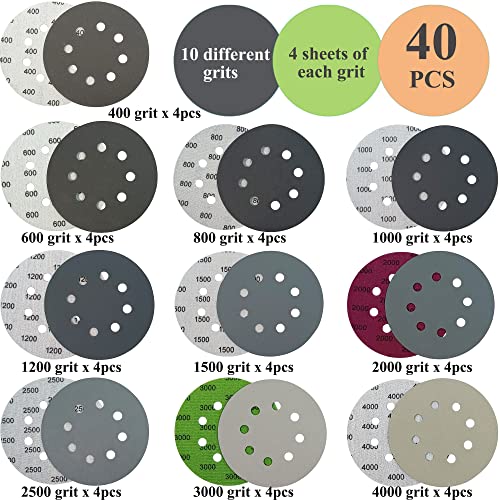 Rouswee 40 PCS 5 инчи 8 дупка 400- 4000 Дискови за песок 400/600/800/1000/1200/1500/2000/2500/3000/4000 Грит компатибилен