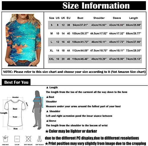 Женски маици, женски моден обичен тркалезен врат 3/4 ракав лабава печатена маица дами Топ