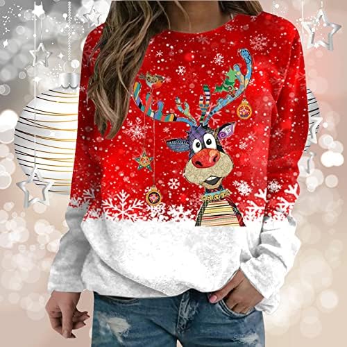 Божиќни кошули за жени за жени и снегулки печати лабава џемпери Обични маички за џемпери со долги ракави со тркалезници