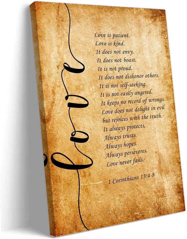Loveубовта е трпелива loveубов е kindубезна wallидна уметност врамени цитати постер гроздобер платно 1 Коринтјани 13 4-8 Библиски