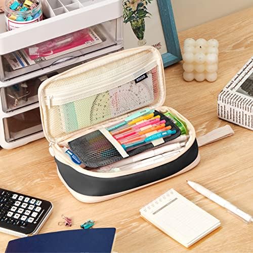 ОМНГЕ Big Capacity Pencil Pen Case, Large Aesthetic Pen Pouch Storage Bag, School Supplies Organizer, Cute Pencil Bag with Multiple Compartments, Stylish Pencil Cases for Girls, Boys, Teens & Adults - Black