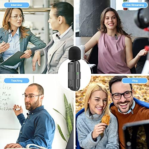 Безжичен микрофон Lavalier за iPhone iPad, Plug Play, 2-пакет Mini безжичен снимање микрофон со намалување на бучавата, микрофони за клип-вклучен