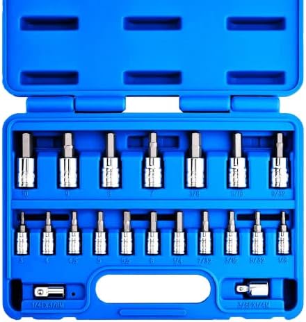 Neiko 01150A SAE и Metrict Hex Bit Socket Set | 20 парчиња | SAE 1/8 ” - 3/8” | Метрика 3мм - 10мм | Два приклучни адаптери 1/4